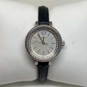 Fossil BQ1206 women watch silver tone 28mm stainless steel black leather running